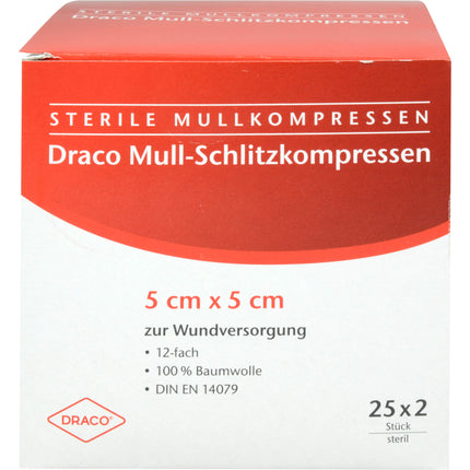 SCHLITZKOMPRESSEN Mull 5x5 cm steril 12fach