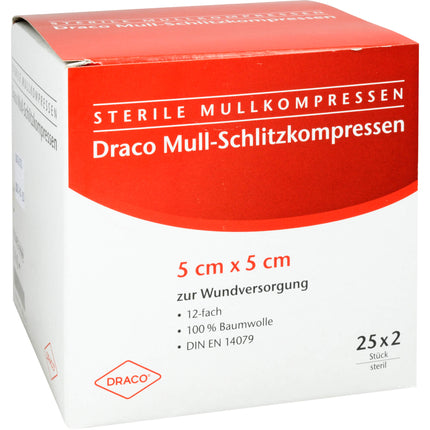 SCHLITZKOMPRESSEN Mull 5x5 cm steril 12fach